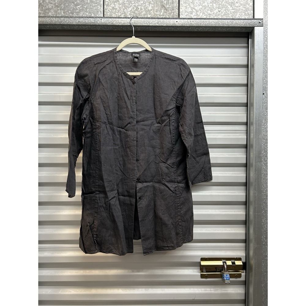 Eileen Fisher Irish Linen Shacket Dark Gray Womens Medium LS Button Tunic Shirt